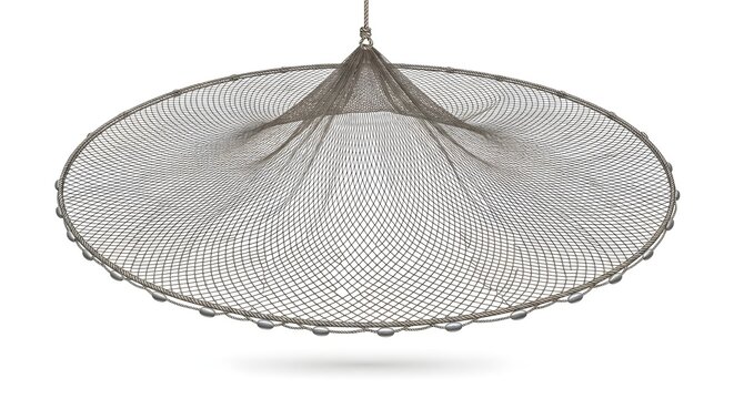 Circular fishing cast net with fine mesh and weighted edges arranged in a spread shape, isolated on a clean white background.