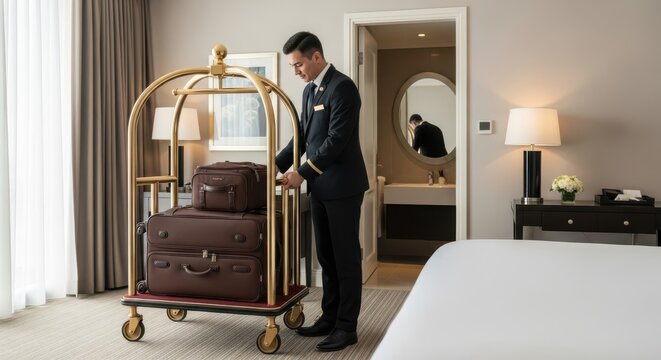 Professional hotel bellhop assisting with luggage on a transport cart in a hotel interior