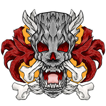 Scary skull monster with sharp teeth and crossbones vector illustration, Dark skull monster mascot logo design, emon skull head with red flames and crossbones