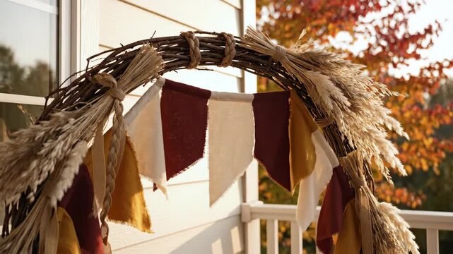 Handmade porch arch dressed with reusable fabric pennants, dried grain and woven natural fibers in burgundy, ochre and ivory, creating a warm low-waste harvest welcome in soft golden autumn sunlight