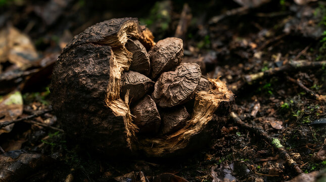 Single fallen pine cone resting on dark forest floor leaves with coniferous tree