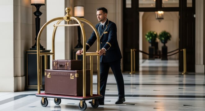 Professional hotel porter in uniform pushing a luggage cart laden with suitcases through a grand lobby.