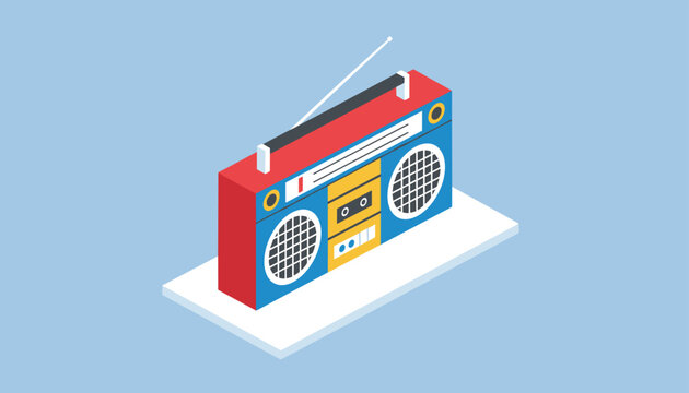 Classic retro boombox radio in bright red, blue, and yellow colors shown in clean isometric perspective view.