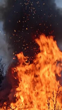 Intense orange flames burning dry brush and grass in a night forest fire