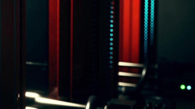 Technicians work on network equipment inside a server room. Red lighting illuminates server racks. Cables connect various devices. The focus is on setting up technology for optimal performance.