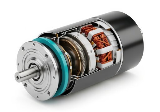 Cut away view of electric motor with rotor and magnets isolated on white background