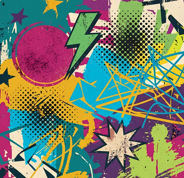 Vibrant abstract pop art collage with grunge graffiti retro ninety style shapes pattern.