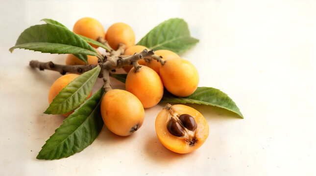 Fresh loquat fruits on branches with green leaves loquat fruit yellow fruit