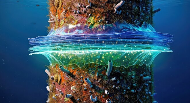 A diverse underwater ecosystem teeming with marine life, including corals, sponges, and various fish species, set against a deep blue ocean backdrop.