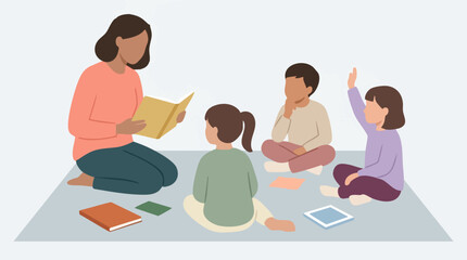 Fototapeta premium Teacher reading a storybook to diverse children in a classroom setting