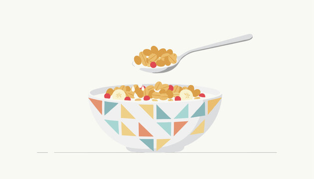 Healthy morning breakfast cereal bowl filled with grains and berries with a silver spoon lifting a portion above.