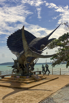 Large sailfish sculpture monument located along the scenic coast of Ao Nang Beach in Krabi province., Thailand