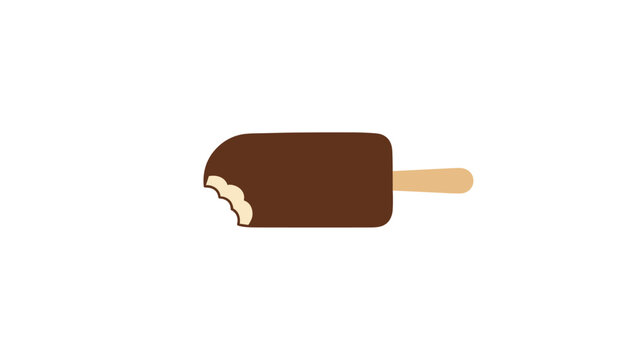Bitten chocolate covered ice cream bar on a wooden stick with a piece taken out of the corner on white background.
