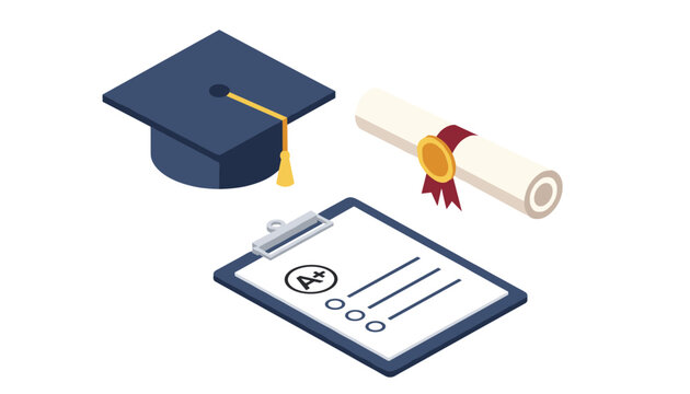 Isometric high school education items including a graduation cap, rolled diploma with seal, and an A-plus exam clipboard.