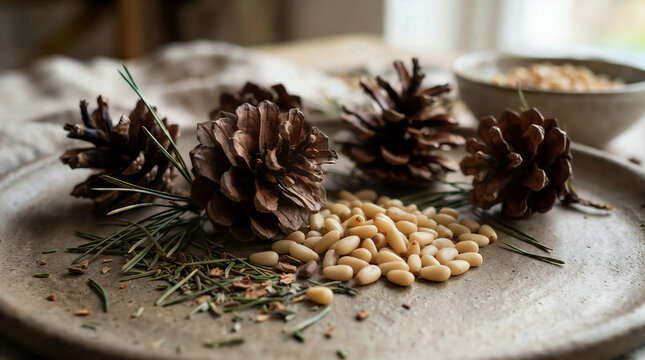 Natural pine nuts and brown pine cones on a rustic ceramic plate with vegan food
