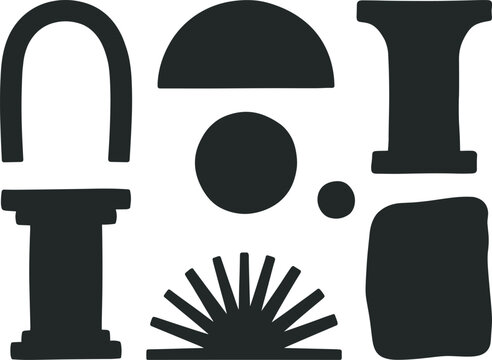 Collection of dark gray abstract geometric shapes including an arch, a semicircle, a circle, a pillar, and a sunburst on a white background
