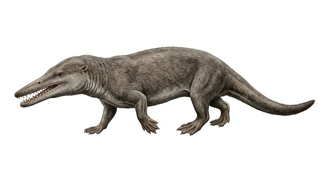 Prehistoric amphibian reptile walking isolated on white background,extinct ancient animal illustration