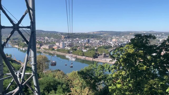 selective focus cable car overlooking Deutsches Eck and Rhine Moselle confluence in Koblenz