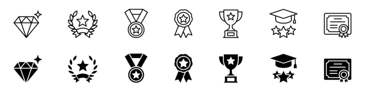 Success award and quality certification vector line and filled icon set for business victory and education achievement.