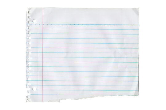 A single sheet of white lined notebook paper with torn edges and spiral binder holes isolated on a transparent background