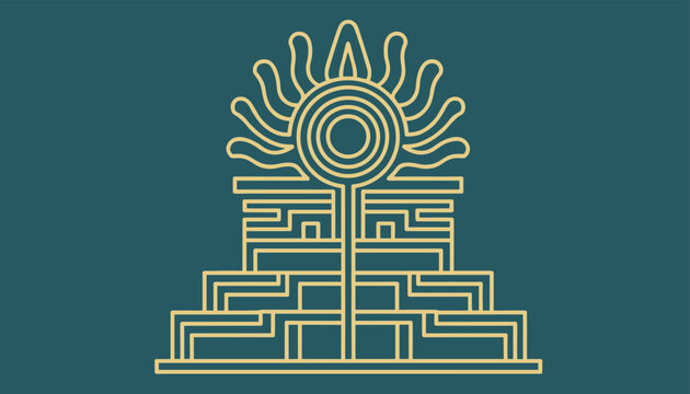 Aztec pyramid temple line art illustration in gold color on a dark teal background in a symmetrical style.