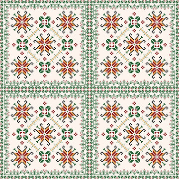 Geometric pixel art pattern. Abstract pixel art geometric ethnic pattern design for fabric, carpet, tile, rug, clothing, embroidery, needlepoint and background. Vector pixel art seamless motif ethnic
