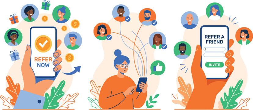 Refer a friend marketing concept, referral program mobile app interface, digital word of mouth promotion with diverse people avatars