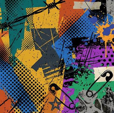 Abstract Grunge Punk Style Background with Safety Pins and Barbed Wire.