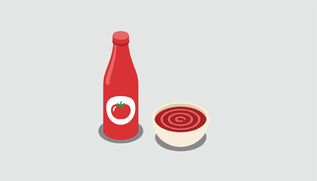 Glass bottle of tomato ketchup with a white label next to a small ceramic bowl filled with red dipping sauce on a neutral grey background.