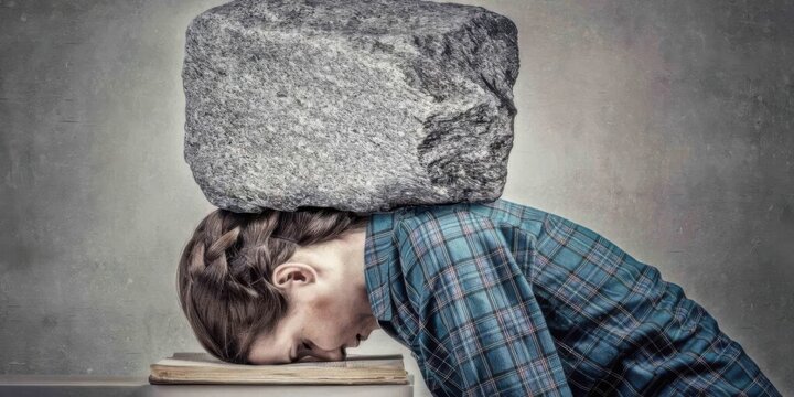 Young woman with braided hair resting her head on a stack of books while a large stone rests on her back in a conceptual representation of stress and burden