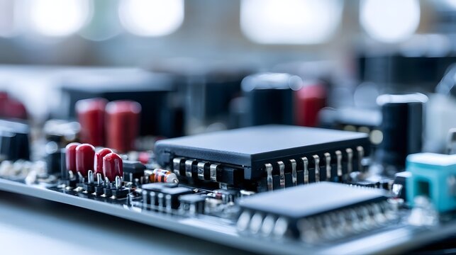 Close up of a detailed electronic circuit board with visible components and soldered connections under soft lighting