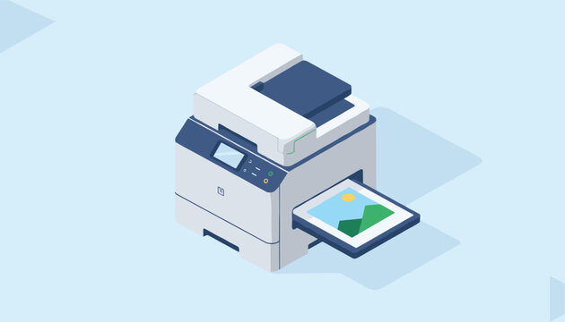 Multifunction office printer copying a landscape photo page rendered in a sleek isometric vector style on a blue background.