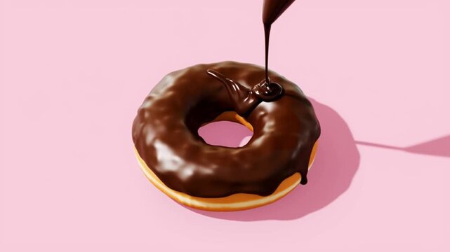 A close-up of a plain donut with thick dark chocolate frosting being drizzled onto its top, centered on a light pink background. 4K video