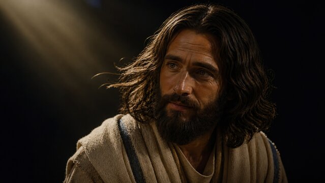 Portrait of Jesus Christ with long hair and beard in biblical robe looking aside at night. Son of God teaching Nicodemus about being born