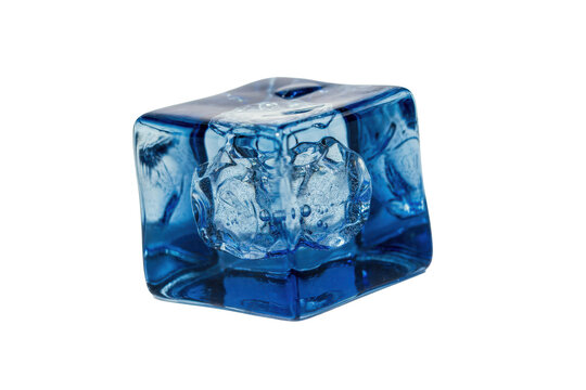 A single translucent blue ice cube with internal fractures and bubbles isolated on a transparent background