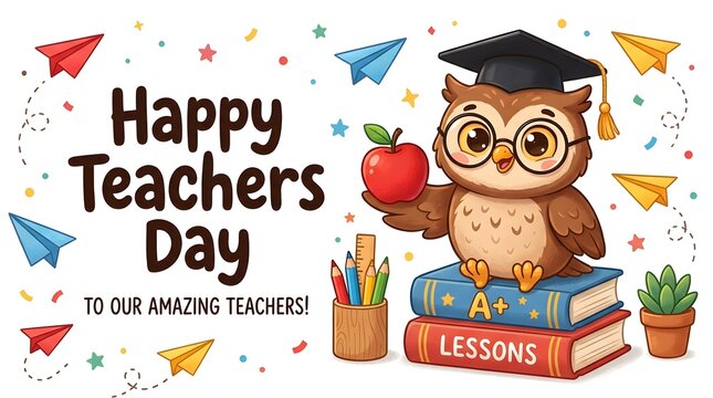 Cute cartoon owl wearing a graduation cap sitting on books to celebrate the annual happy teacher day event