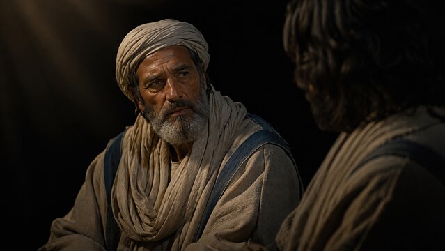 Nicodemus talking with Jesus Christ at night. Pharisee man listening to son of God. Biblical conversation about rebirth and kingdom of