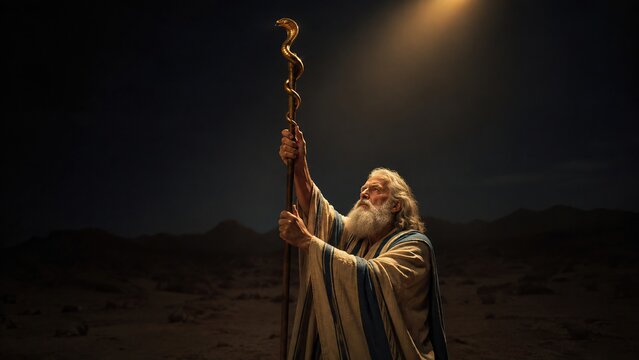 Old bearded prophet raising bronze serpent staff in desert at night under divine light. Biblical story of Moses exalting the serpent symbol of salvation and faith in
