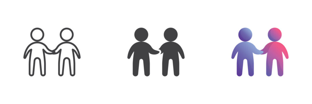 Two people handshake icon shows friendly partners greeting in line, solid and flat icon color versions. Colorful vector sign and symbol for agreement.