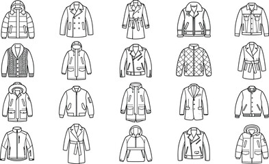 Winter Jackets and Coats Outerwear Apparel Line Icon Set with Modern Puffer Trench Biker Jackets for Shopping Websites Apps Designs © amzad
