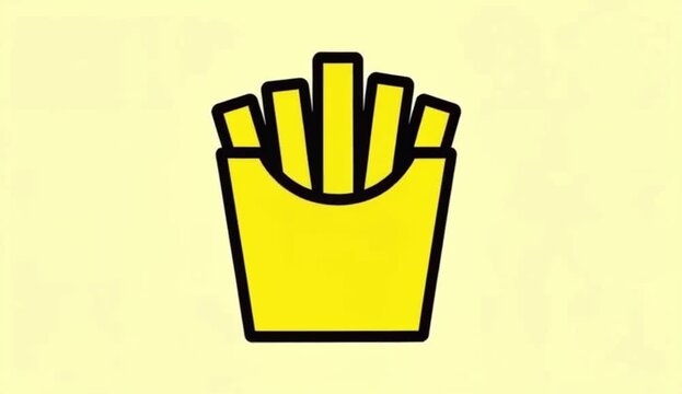 A cartoon-style yellow drawing of a french fry container with fries sticking out, centered on a light yellow background with black outlines. 4K video

