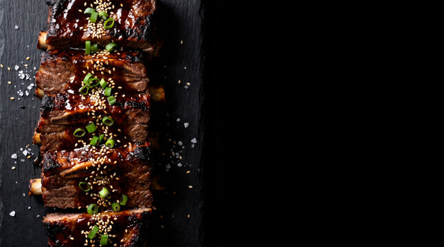 Caramelized grilled beef short rib slices on solid black background with copy space