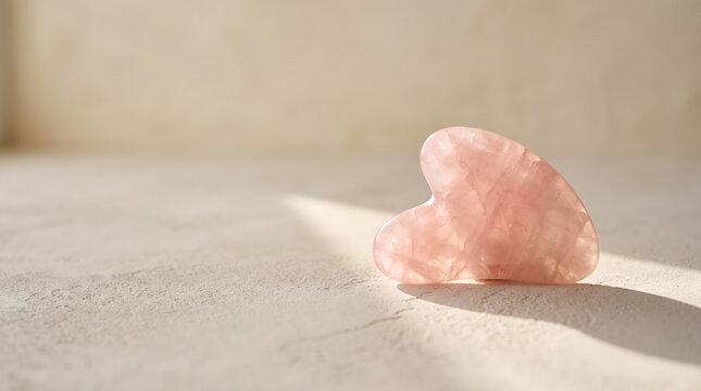 Rose Quartz Gua Sha Facial Massage Stone on Warm Beige Concrete Surface in Sunlight