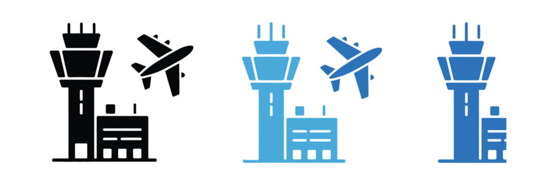 airport control tower and airplane icon set, aviation symbols for airport infrastructure flight control air traffic management and modern flat vector design