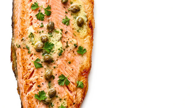 Top down macro photography of grilled trout fillet with capers on white background with copy space
