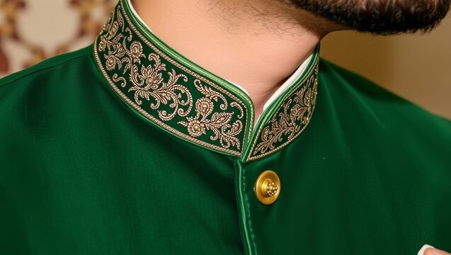 Close up of elegant deep green embroidered mandarin collar with intricate floral zari design