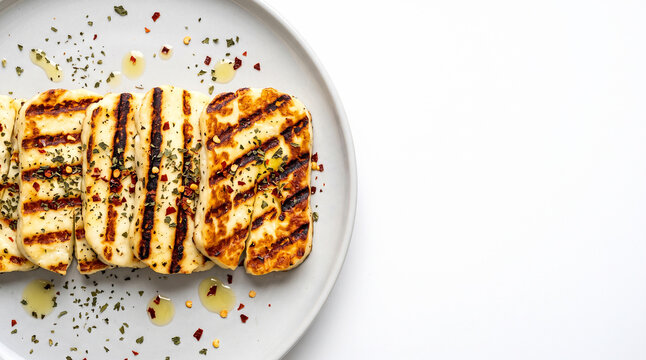 Overhead macro shot of grilled halloumi cheese slices on white background with copy space