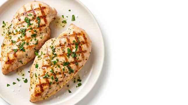 Top down macro shot of grilled turkey fillet with herb butter on white background with copy space