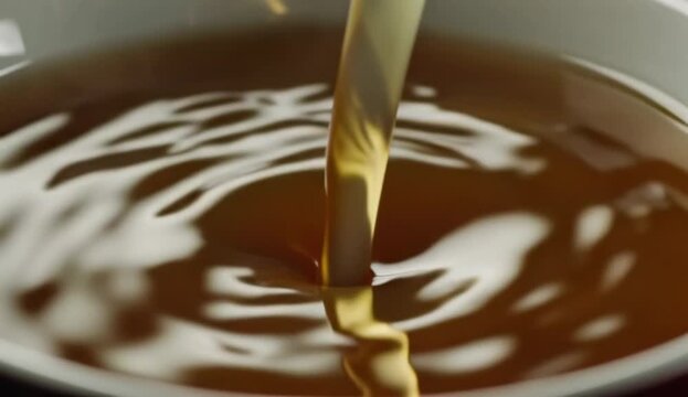 A high-angle close-up of beer r pouring in a container, creating concentric ripples and waves. 4K video