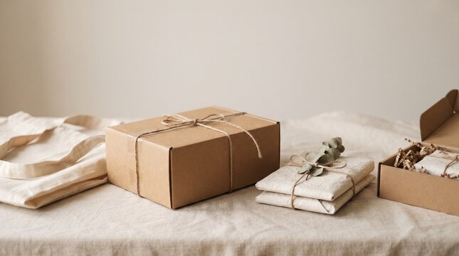 sustainable packaging set with cardboard shipping box cloth tote bag kraft parcel wrapped with twine string and eucalyptus leaves on linen tablecloth